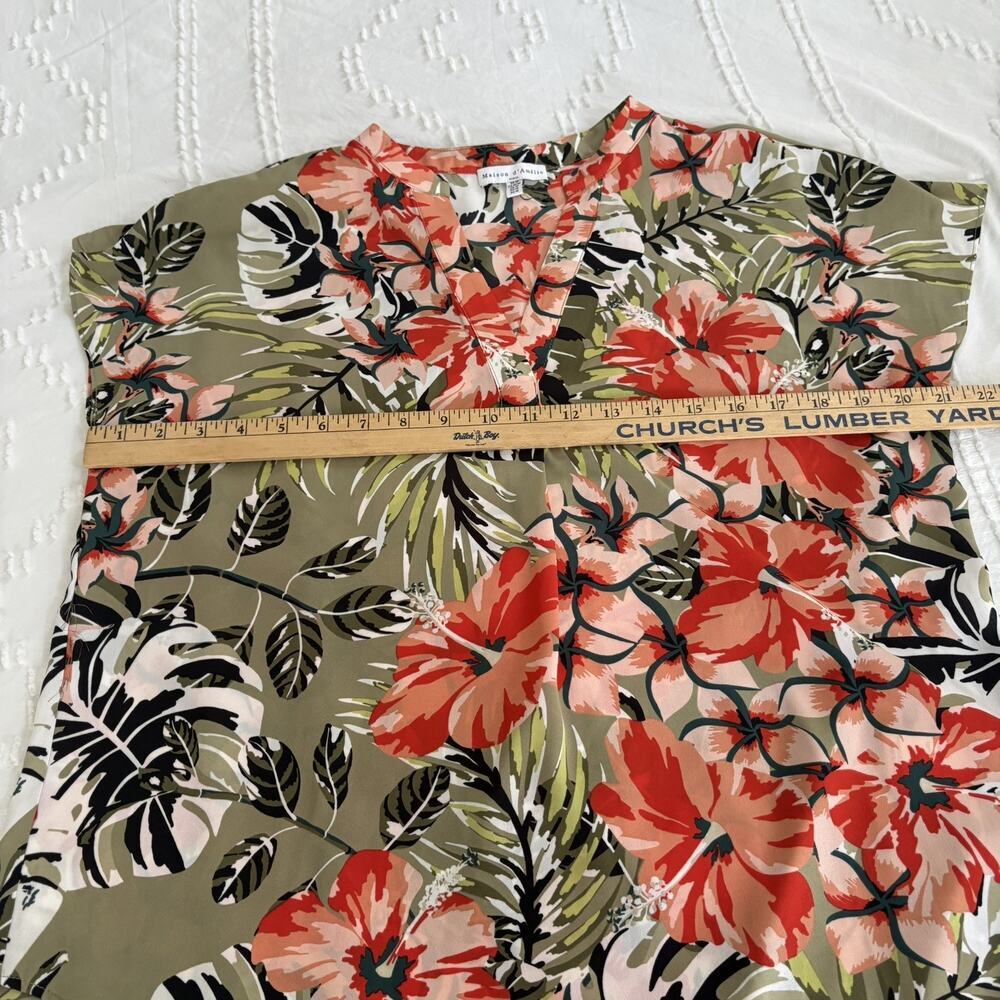 Maison d’Amelie Paris Tropical Floral Blouse Women’s M Olive Split Neck Top - Picture 6 of 10